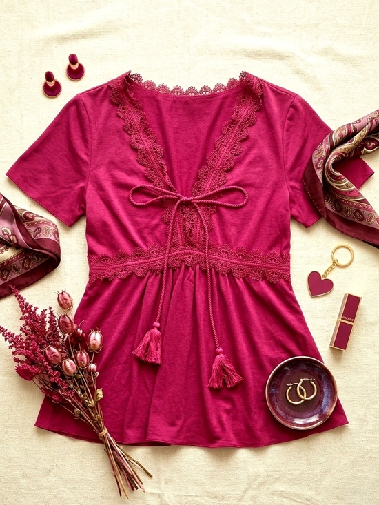 SHEIN Tops - Boho Hippie Berry Red  Lace-Trim Tunic with Tasseled Tie & Empire Waist Medium